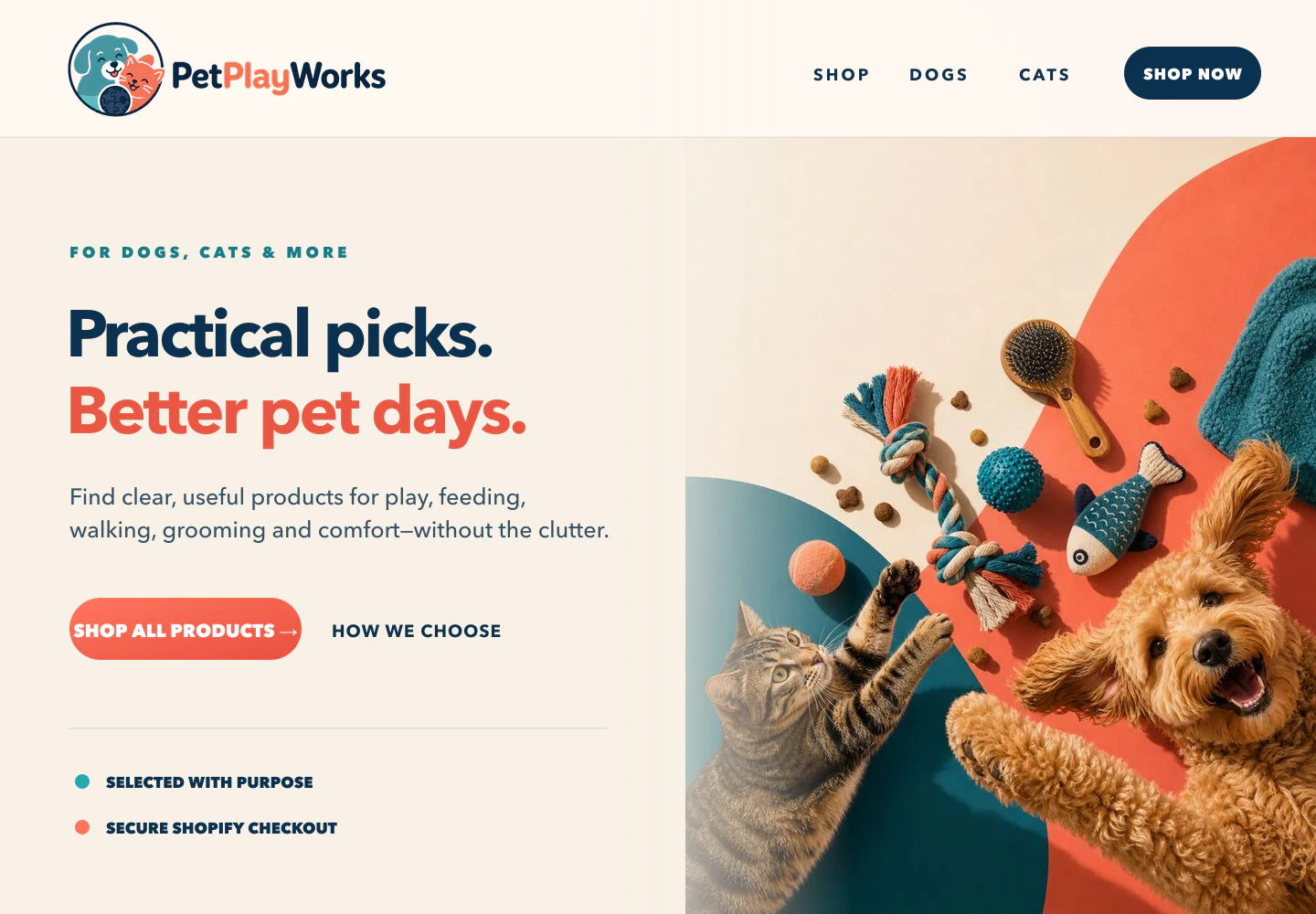 Pet Playworks ecommerce homepage shown on desktop
