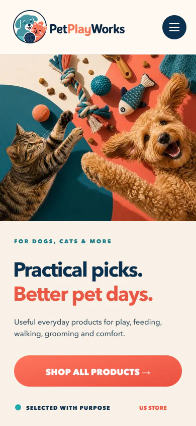 Pet Playworks ecommerce homepage shown on mobile